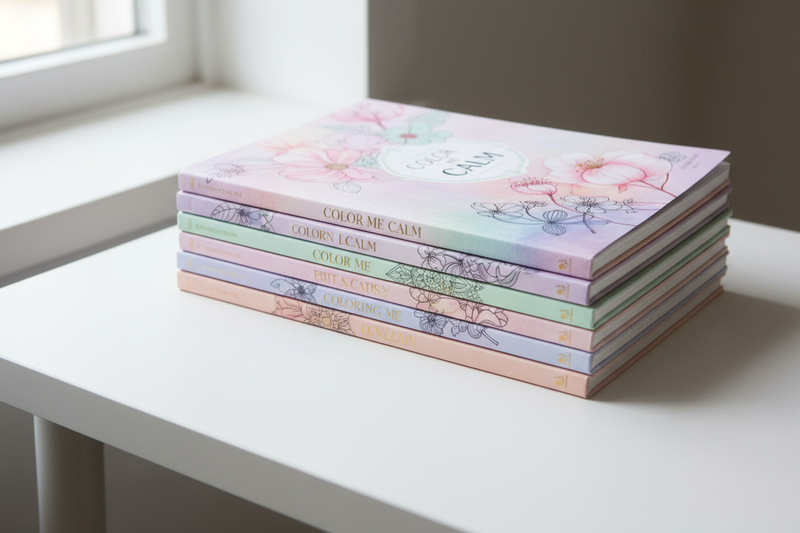 a pile of beautiful colouring books in a pastel colour palette on a white desk